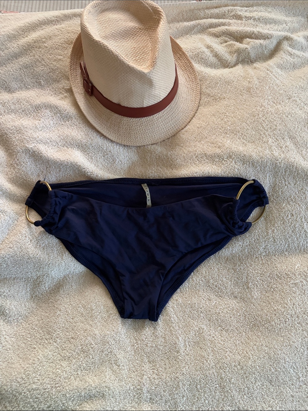 Vitamin A Women’s Navy Bikini Bottom with Gold Ring Accents